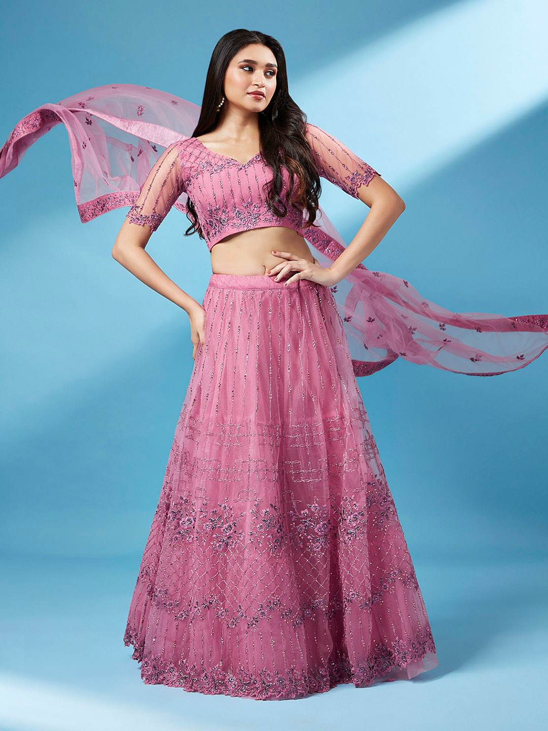

panchhi Pink Embroidered Semi-Stitched Lehenga & Unstitched Blouse with Dupatta