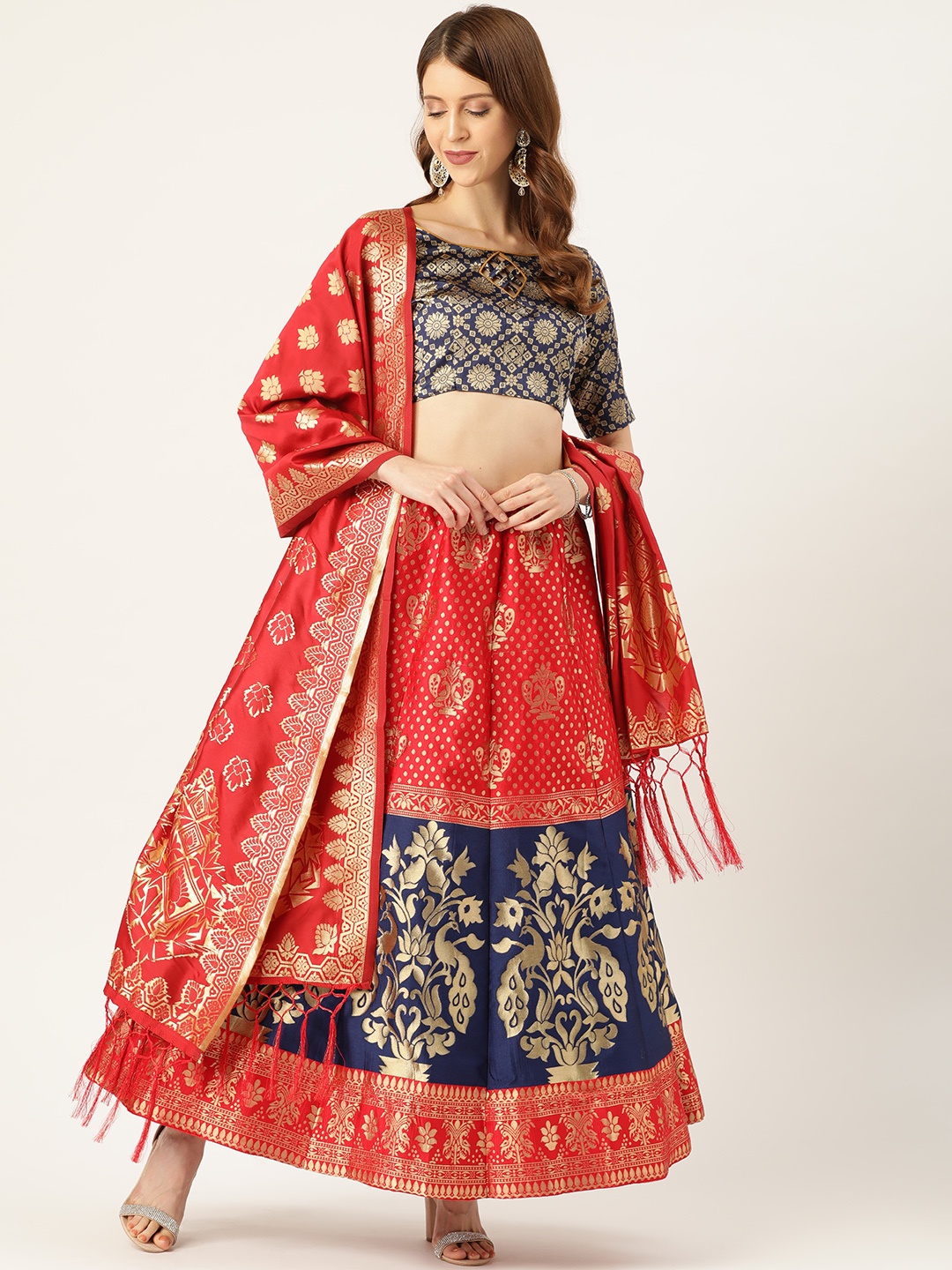

Mitera Red & Navy Blue Woven Design Semi-Stitched Lehenga & Unstitched Blouse with Dupatta