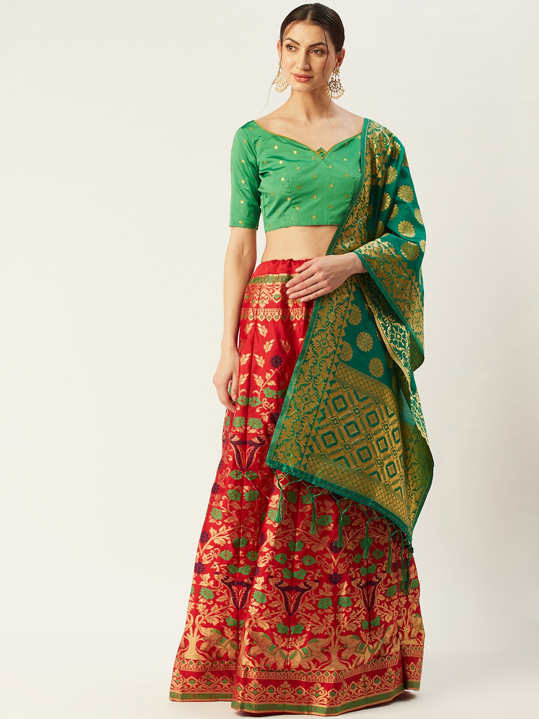 

Mitera Red & Green Woven Design Semi-Stitched Lehenga & Unstitched Blouse with Dupatta