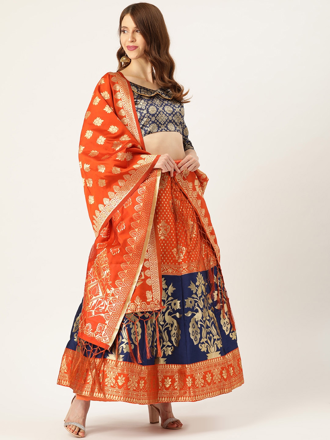 

Mitera Orange & Purple Woven Design Semi-Stitched Lehenga & Unstitched Blouse with Dupatta