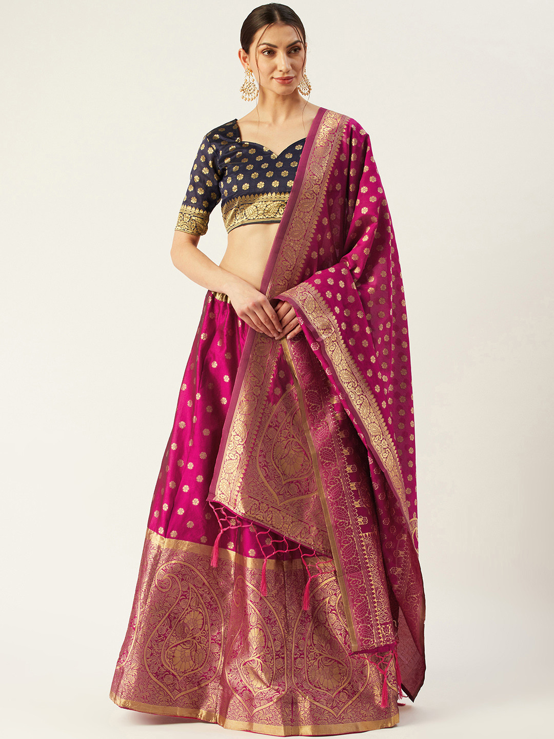 

Mitera Pink & Purple Woven Design Semi-Stitched Lehenga & Unstitched Blouse with Dupatta