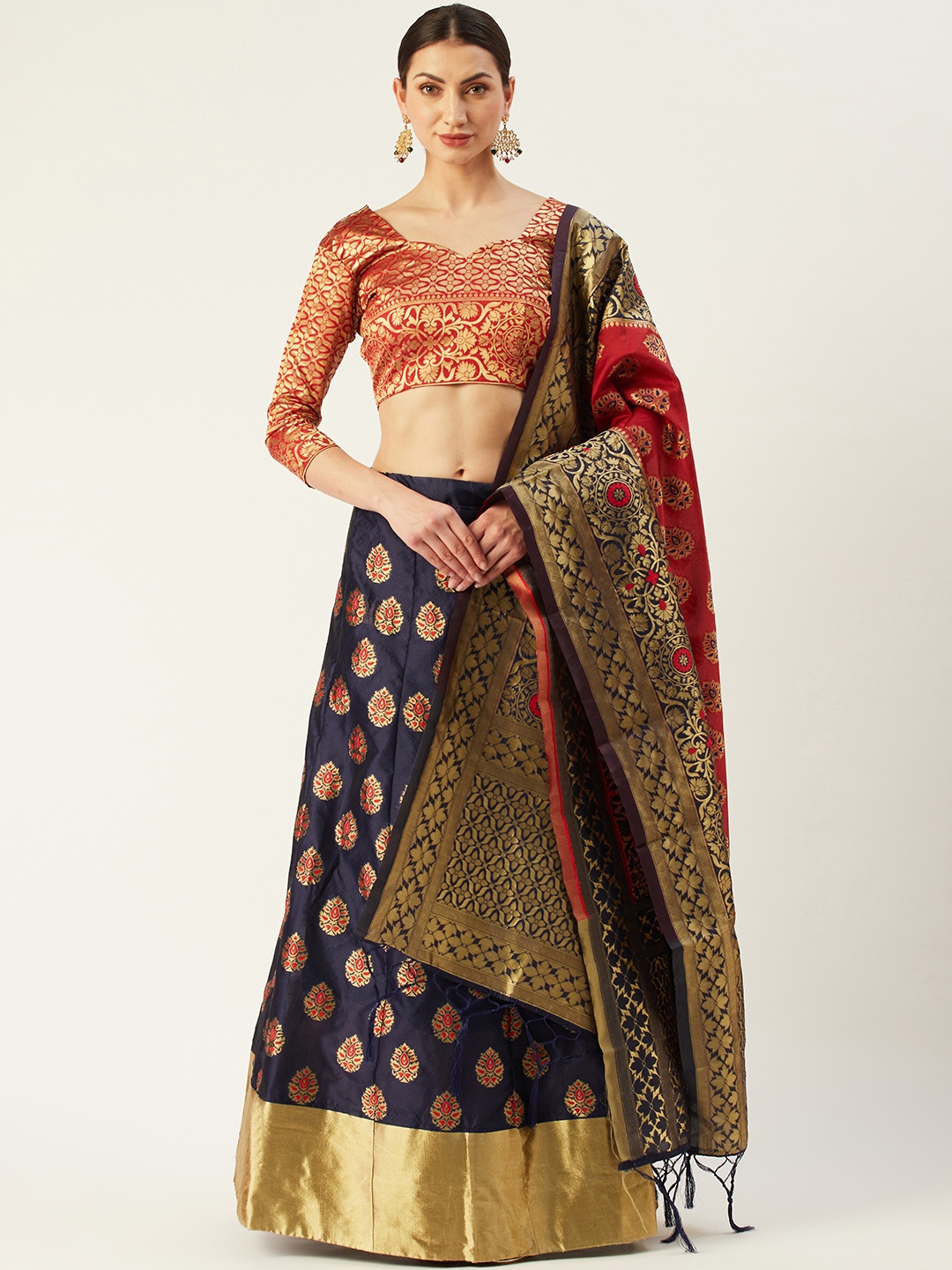 

Mitera Navy Blue & Red Woven Design Semi-Stitched Lehenga & Unstitched Blouse with Dupatta
