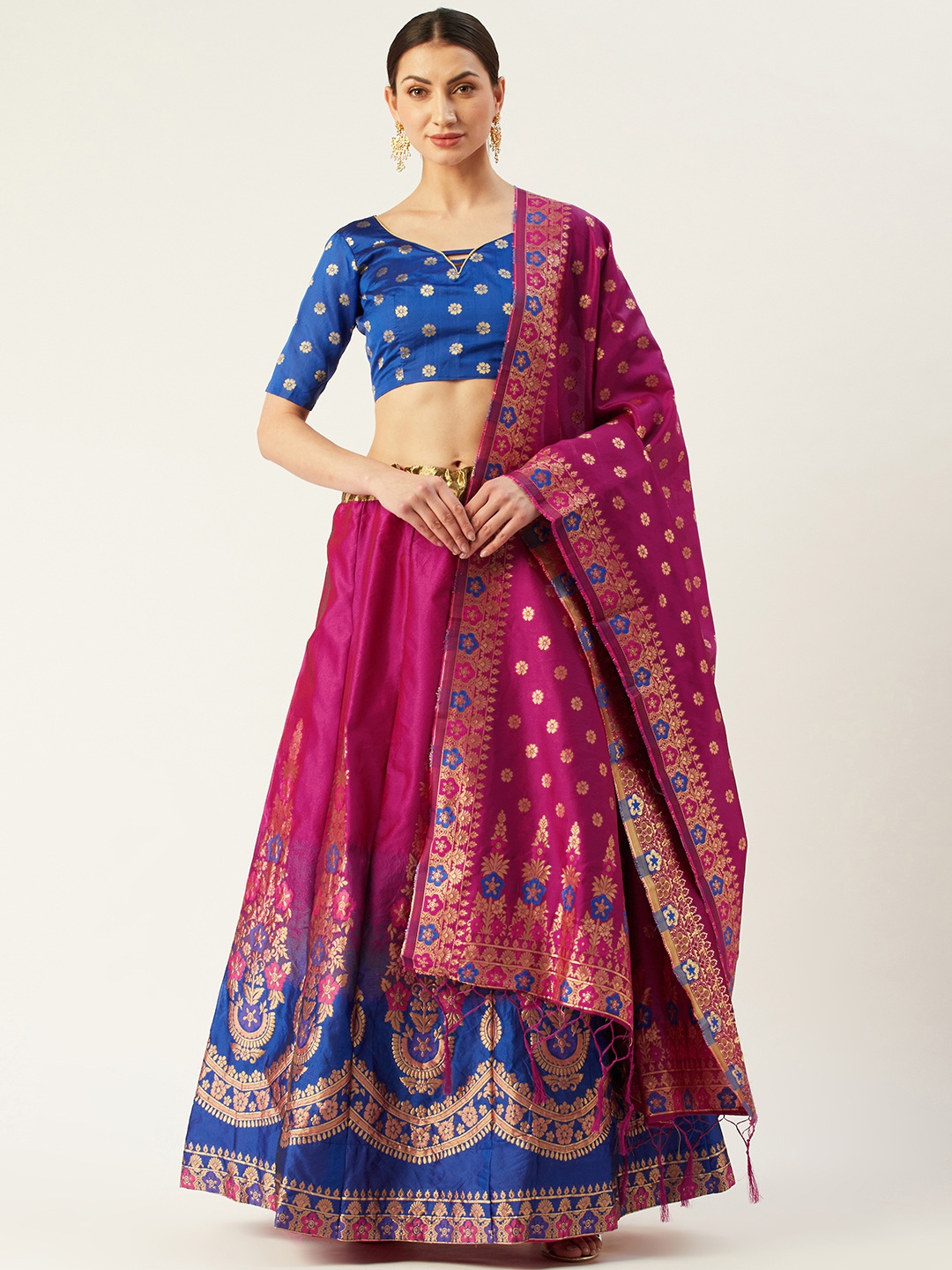 

Mitera Magenta & Blue Woven Design Semi-Stitched Lehenga & Unstitched Blouse with Dupatta