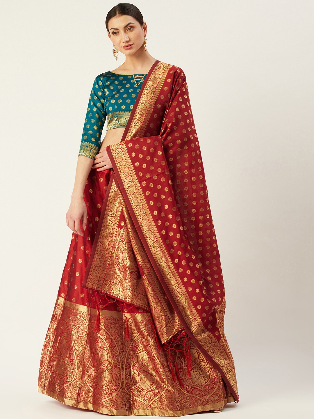 

Mitera Red & Turquoise Blue Woven Design Semi-Stitched Lehenga & Unstitched Blouse with Dupatta