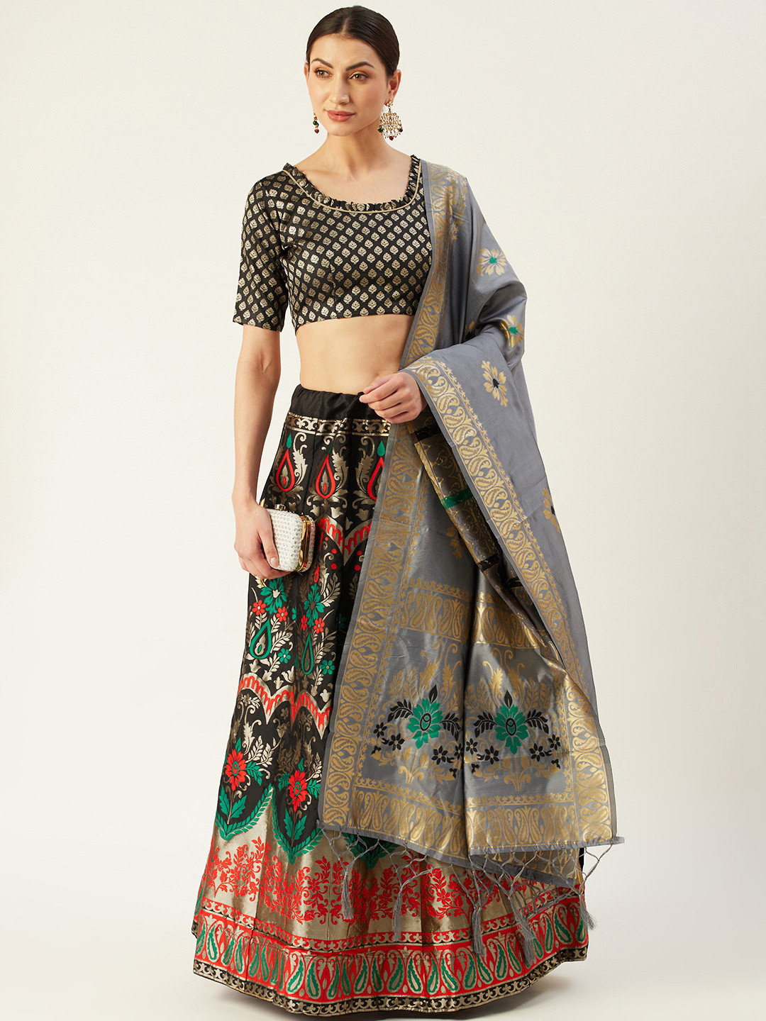 

Mitera Black & Gold-Toned Woven Design Semi-Stitched Lehenga & Unstitched Blouse with Dupatta