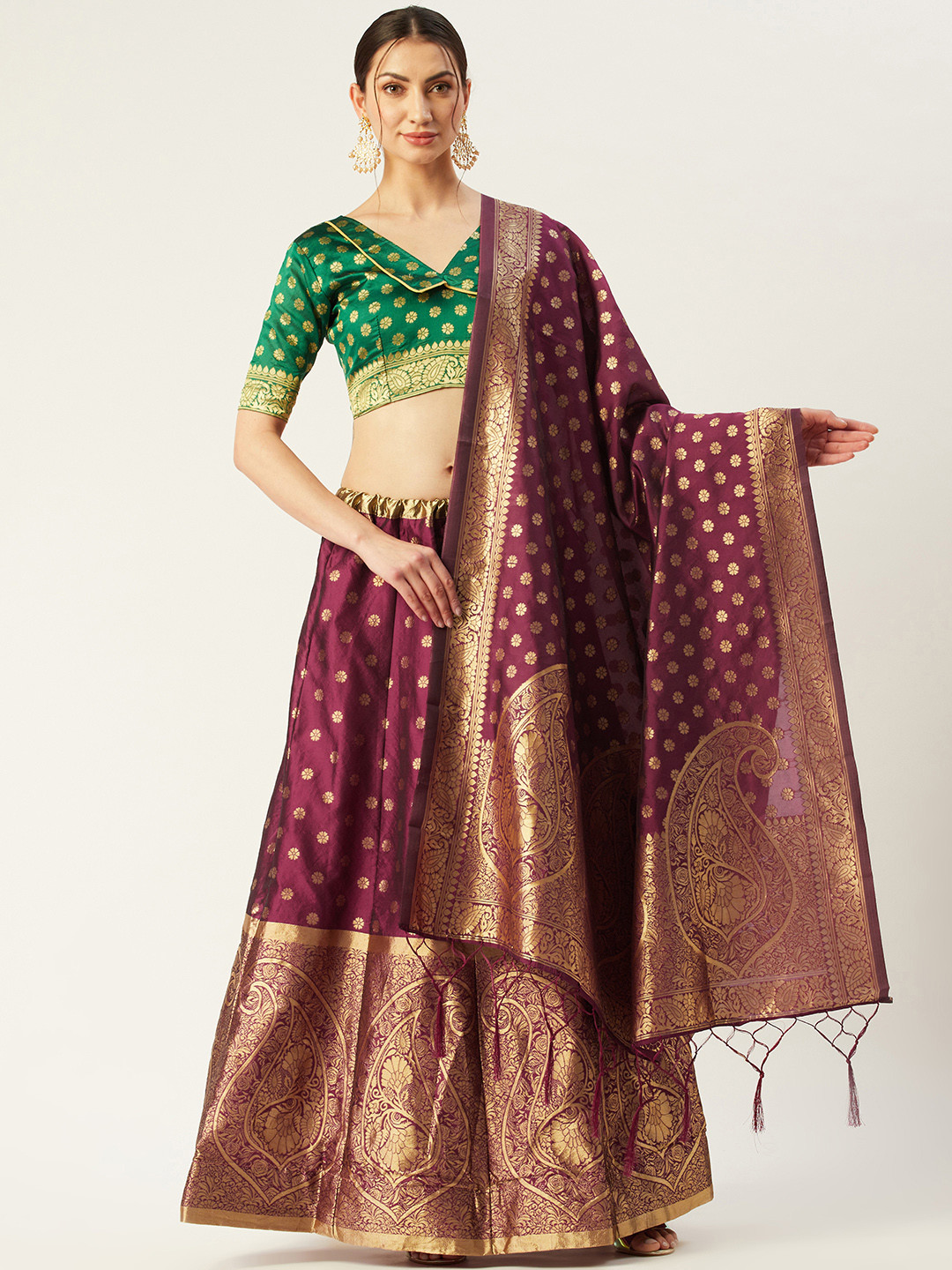 

Mitera Magenta & Green Woven Design Semi-Stitched Lehenga & Unstitched Blouse with Dupatta