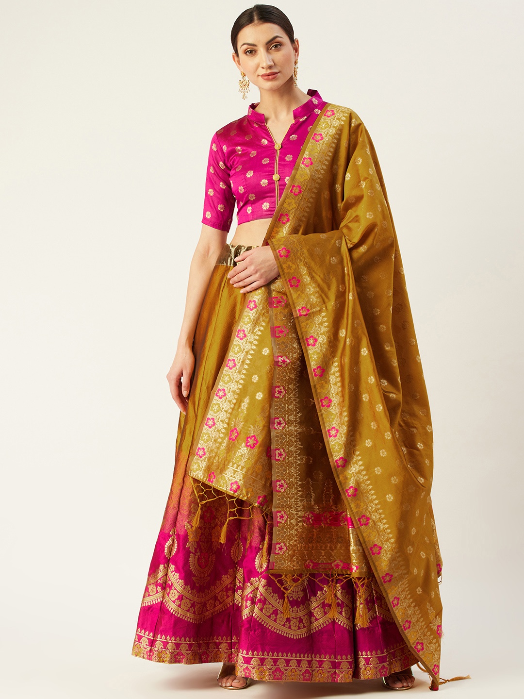 

Mitera Mustard & Magenta Woven Design Semi-Stitched Lehenga & Unstitched Blouse with Dupatta