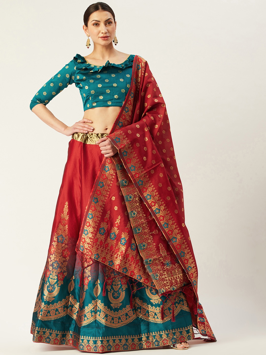 

Mitera Teal & Maroon Woven Design Semi-Stitched Lehenga & Unstitched Blouse with Dupatta