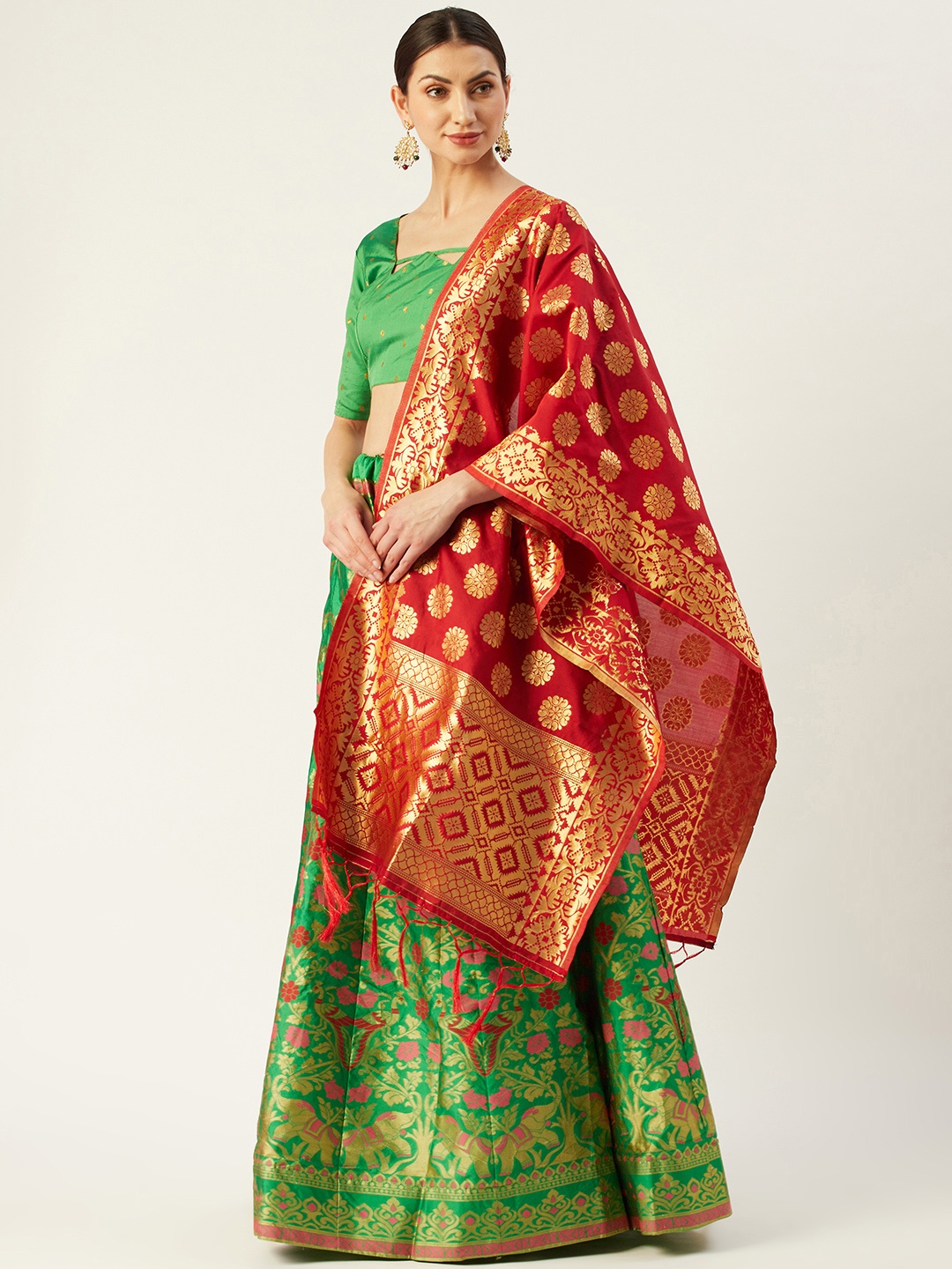 

Mitera Green & Red Woven Design Semi-Stitched Lehenga & Unstitched Blouse with Dupatta