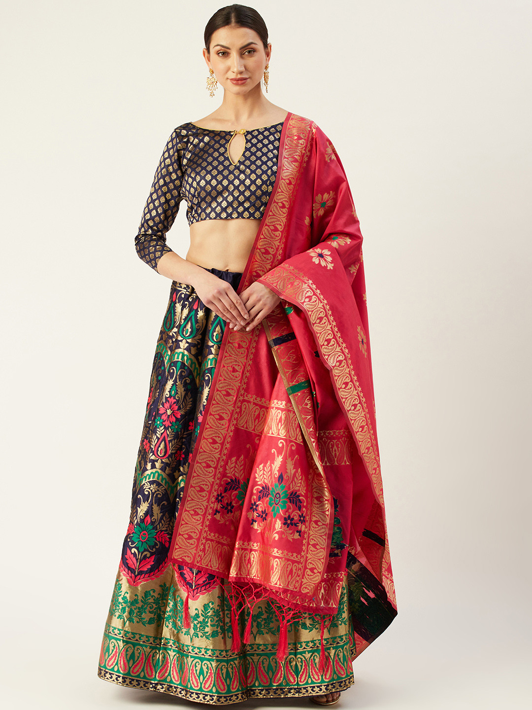 

Mitera Navy Blue & Pink Woven Design Semi-Stitched Lehenga & Unstitched Blouse with Dupatta