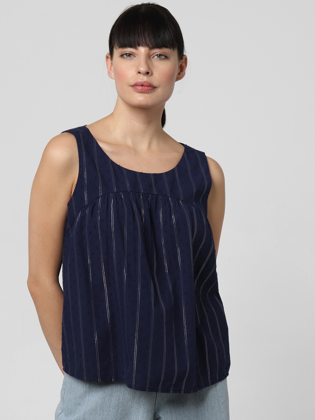 

Vero Moda Women Navy Blue & Silver-Toned Striped Gathered Boxy Pure Cotton Top