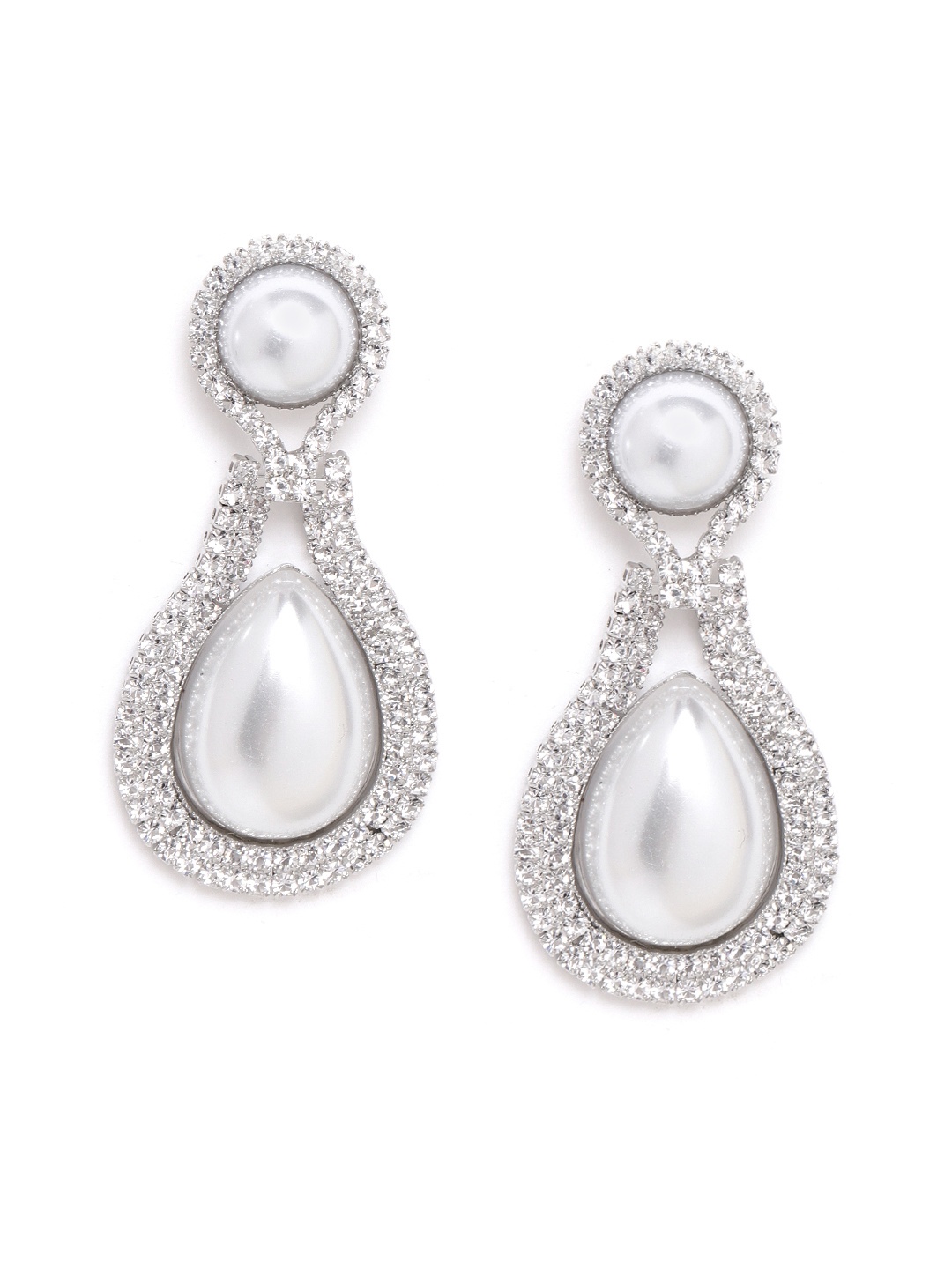 

DIVA WALK EXCLUSIVE Off-White Silver-Plated CZ-Studded & Beaded Handcrafted Teardrop Shaped Drop Earrings