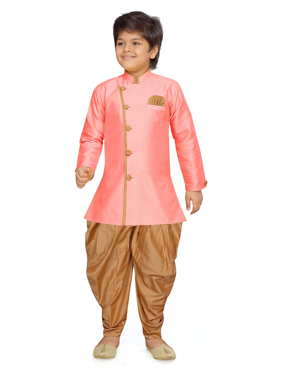 

Aj DEZInES Boys Peach-Coloured & Brown Sherwani Set