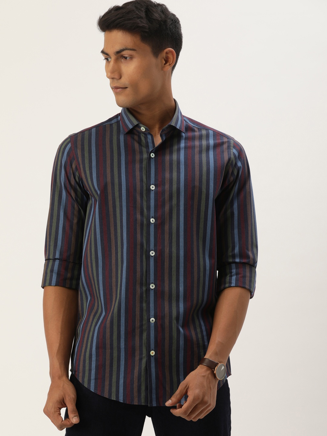 

SIMON CARTER LONDON Men Navy Blue & Multicoloured Slim Fit Striped Casual Shirt