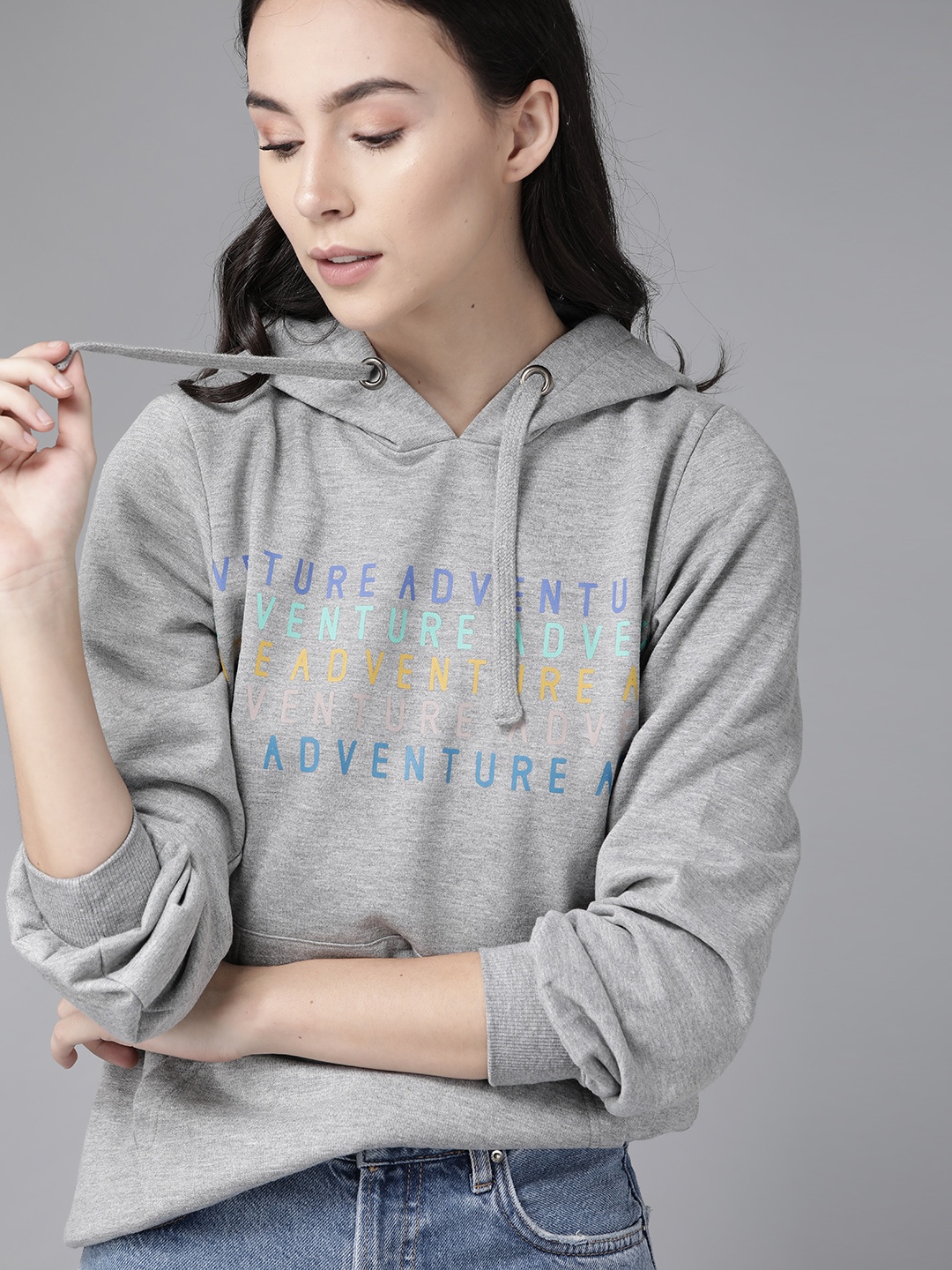 

Roadster Women Grey Melange & Blue Printed Hooded Sweatshirt