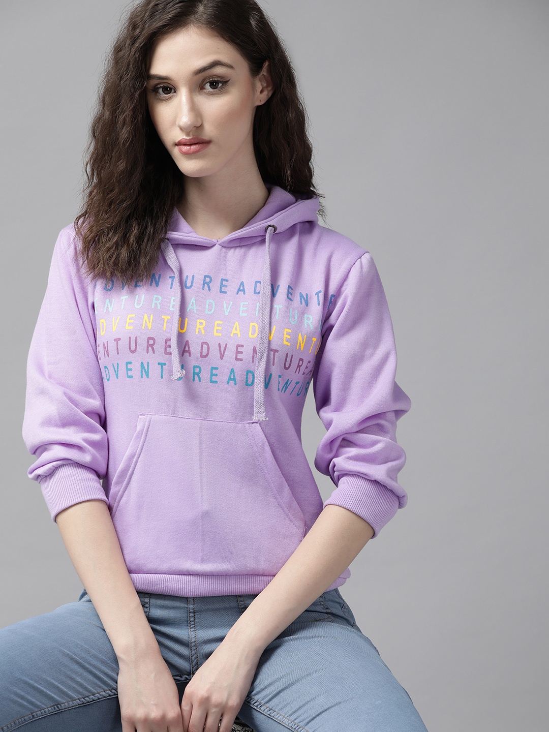 

Roadster Women Lavender & Blue Printed Hooded Sweatshirt