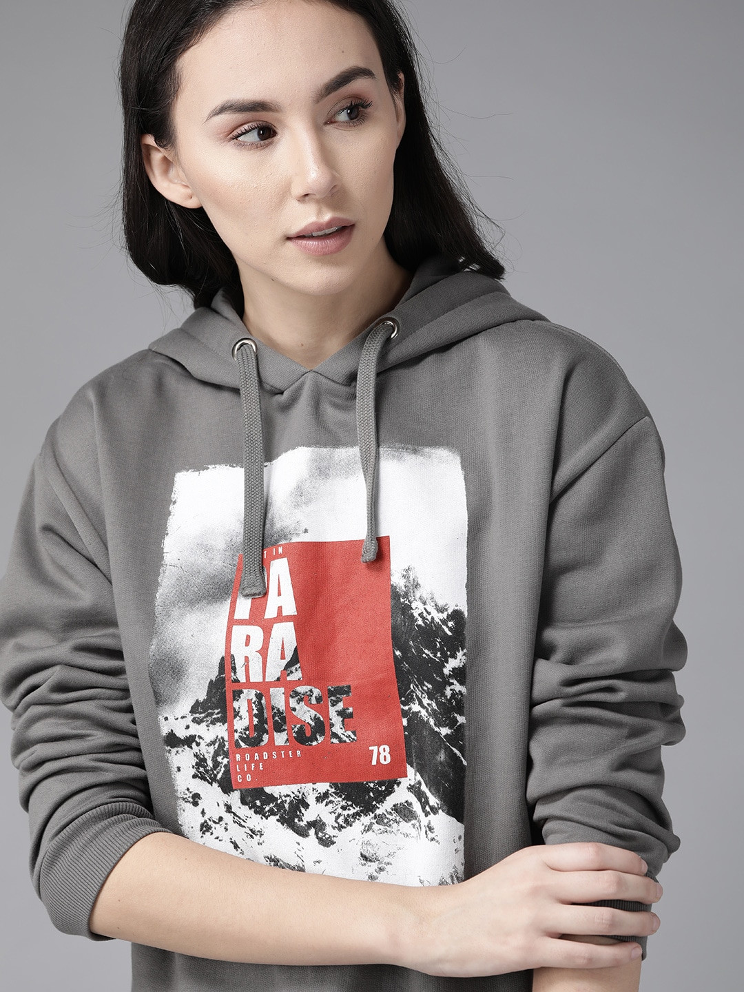 

Roadster Women Grey & White Antiviral Protective Finish Printed Hooded Sweatshirt