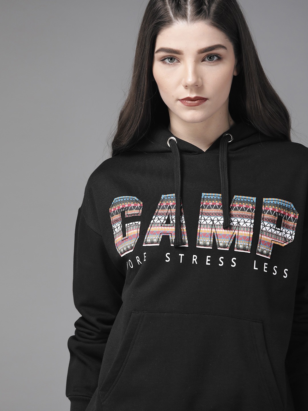 

Roadster Women Black & White Printed Hooded Sweatshirt