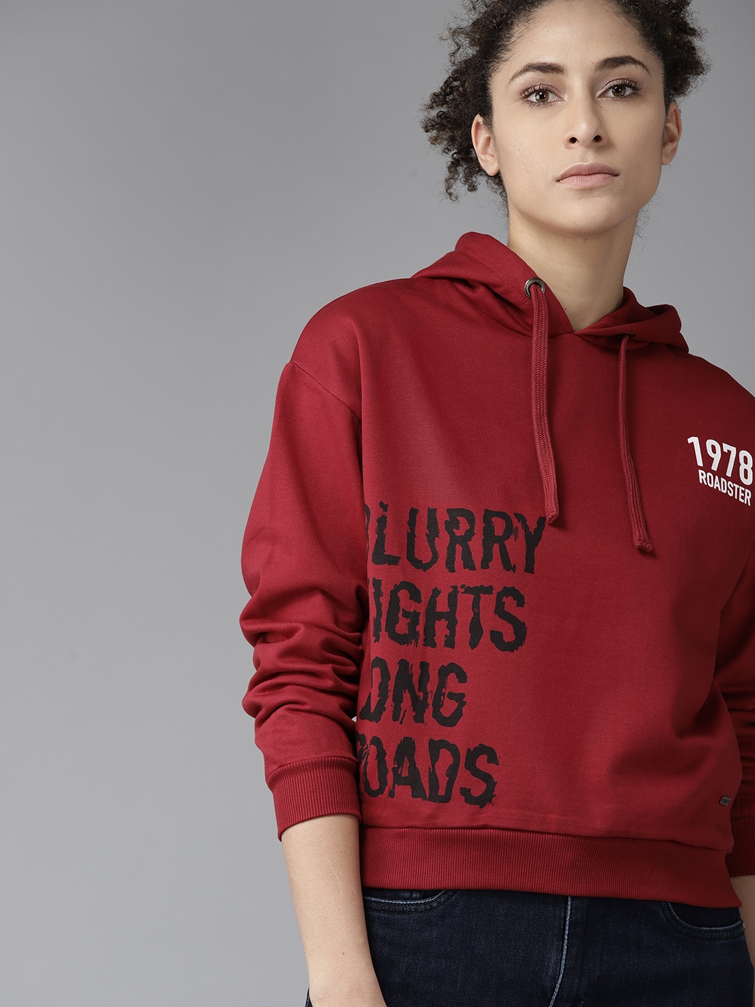 

Roadster Women Maroon Printed Hooded Sweatshirt