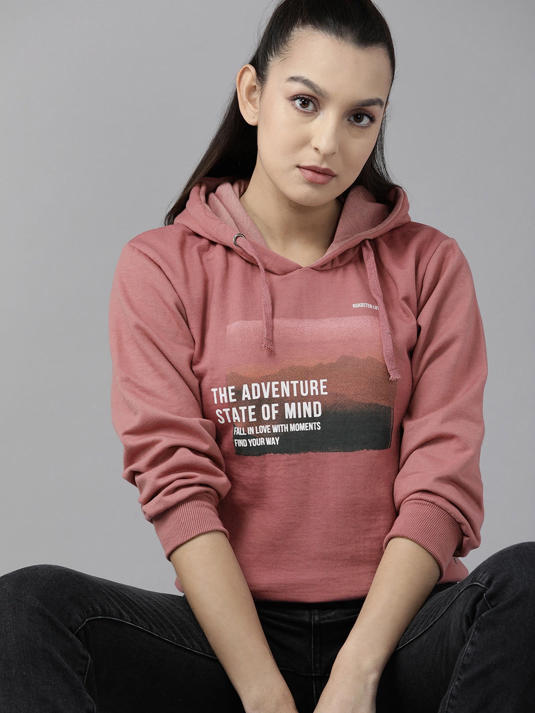 

The Roadster Life Co. Graphic Typography Printed Hooded Sweatshirt, Mauve