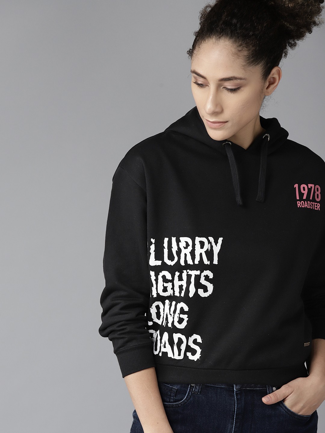

Roadster Women Black & White Printed Hooded Sweatshirt