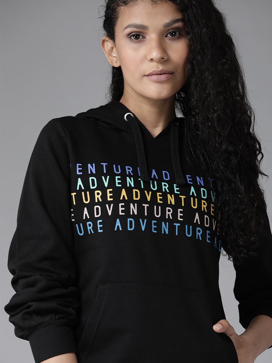 

Roadster Women Black & Blue Printed Hooded Sweatshirt
