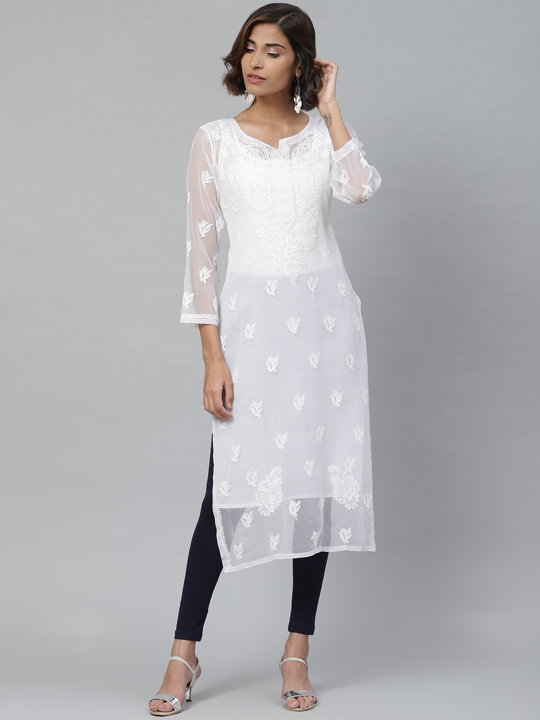 

ADA Women White Chikankari Embroidered Straight Handloom Kurta With Slip