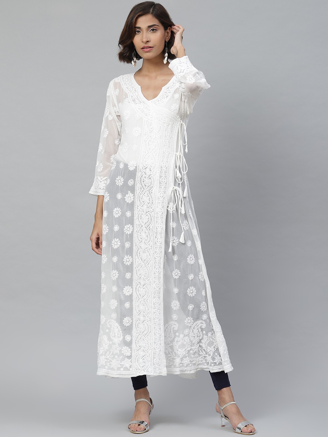 

ADA Women White Chikankari Embroidered Sheer Angarakha A-Line Sustainable Handloom Kurta With Slip