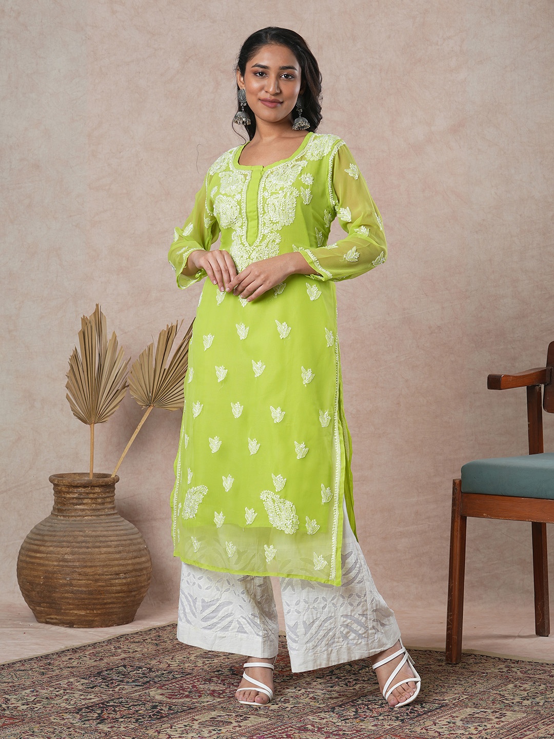 

ADA Women Green & White Paisley Chikankari Embroidered Layered Straight Kurta With Slip