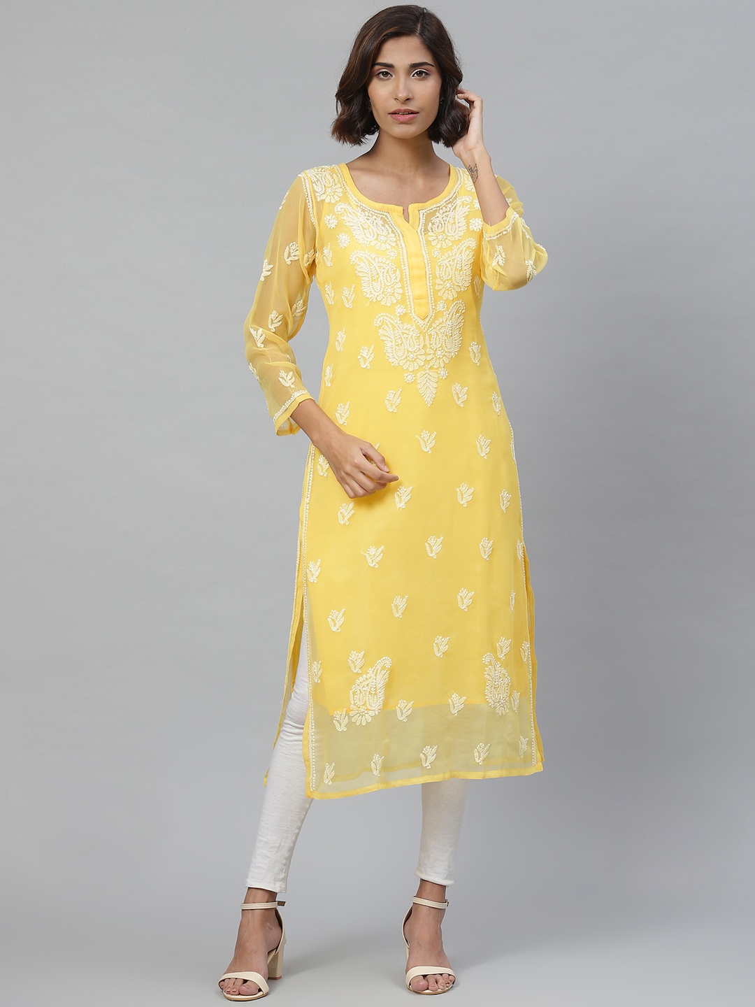 

ADA Women Yellow & White Chikankari Embroidered Straight Handloom Kurta With Slip