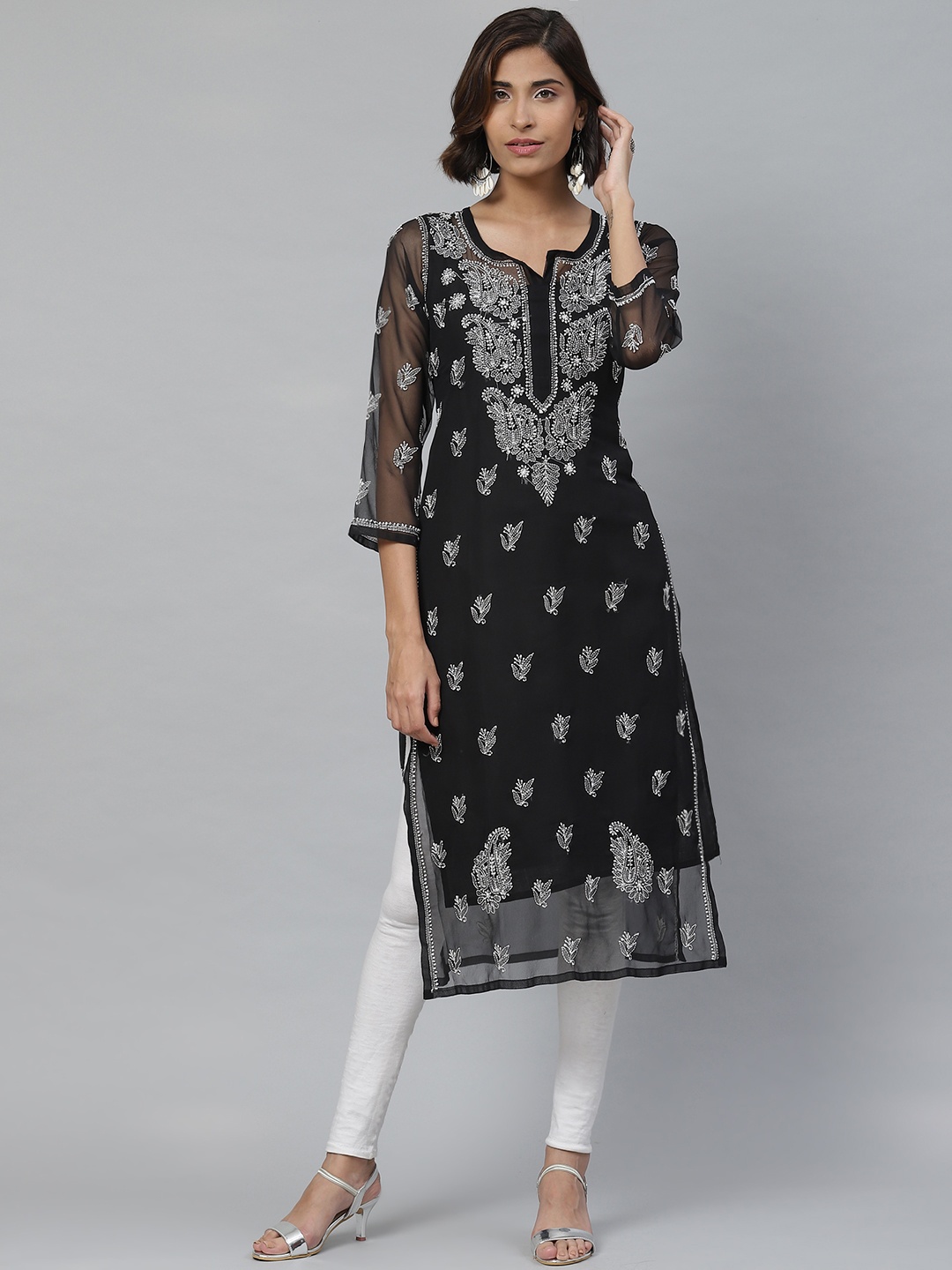 

ADA Women Black & White Paisley Chikankari Embroidered Straight Handloom Kurta