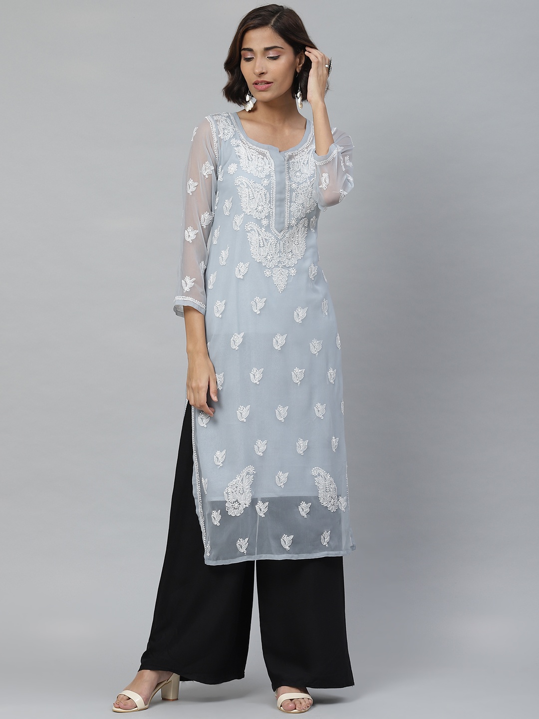 

ADA Women Grey & White Chikankari Embroidered Straight Sustainable Handloom Kurta With Slip