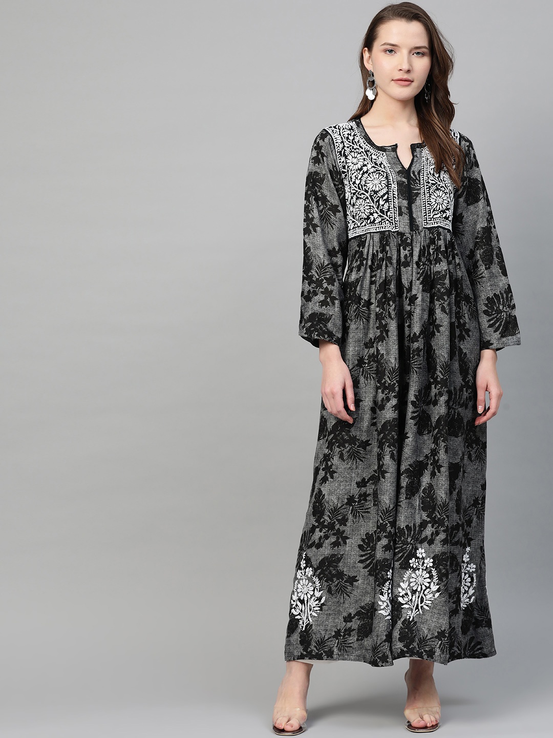 

ADA Women Black & Grey Tropical Printed A-Line Sustainable Handloom Kurta