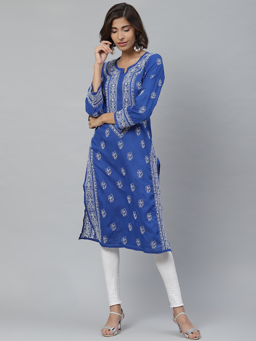 

ADA Women Blue & Off-White Chikankari Embroidered Straight Handloom Kurta