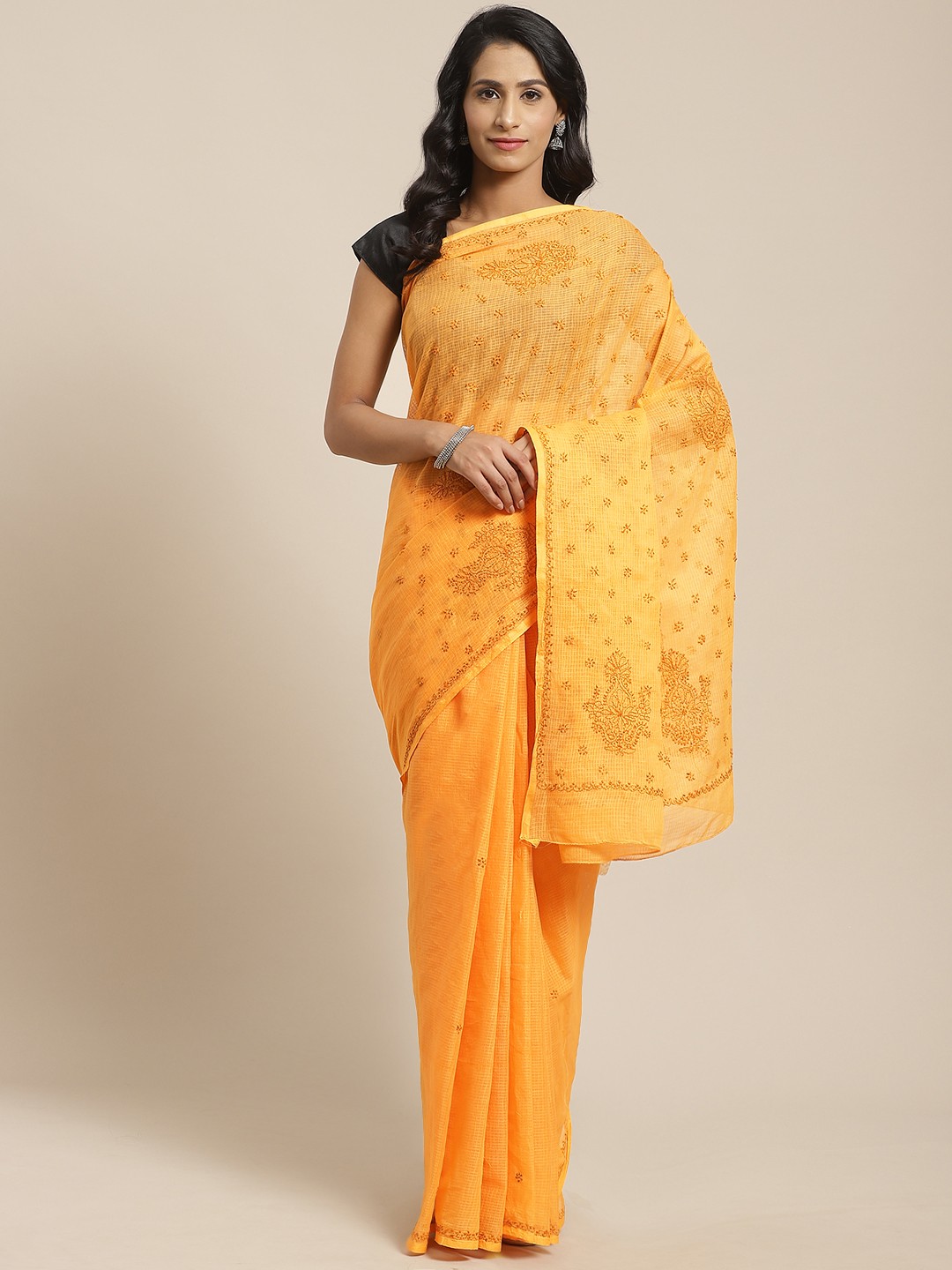 

ADA Orange Chikankari Embroidered Sustainable Kota Handloom Saree