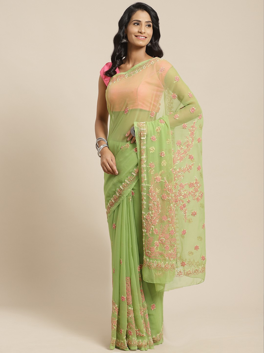 

ADA Green & Pink Chikankari Embroidered Sustainable Handloom Saree