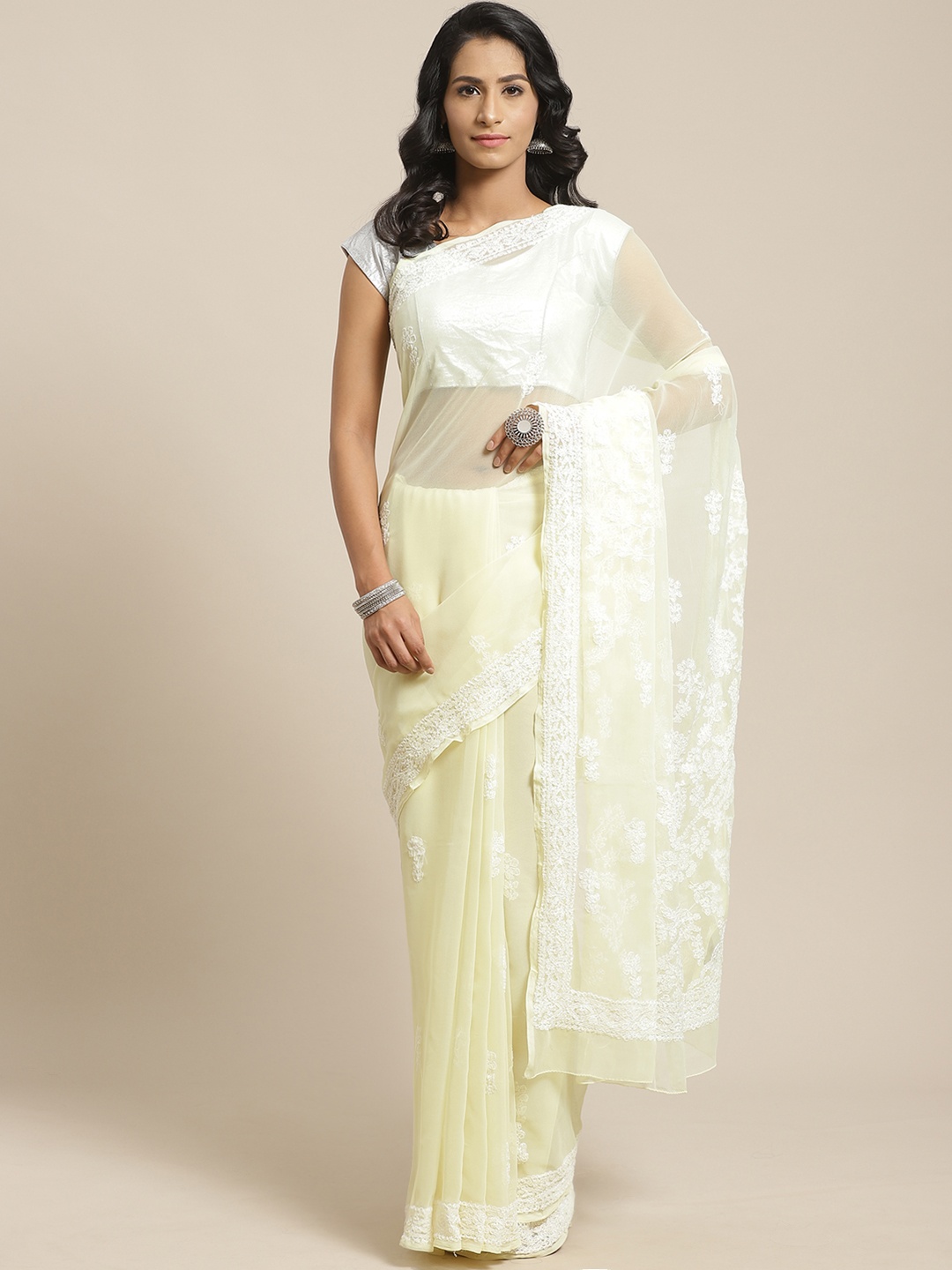 

ADA Yellow & White Poly Georgette Chikankari Work Embroidered Sustainable Handloom Saree