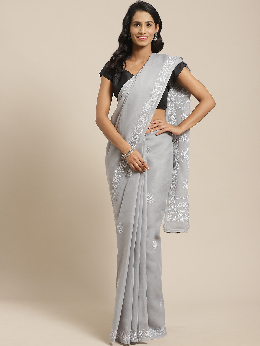 

ADA Grey & White Pure Cotton Chikankari Work Embroidered Sustainable Saree
