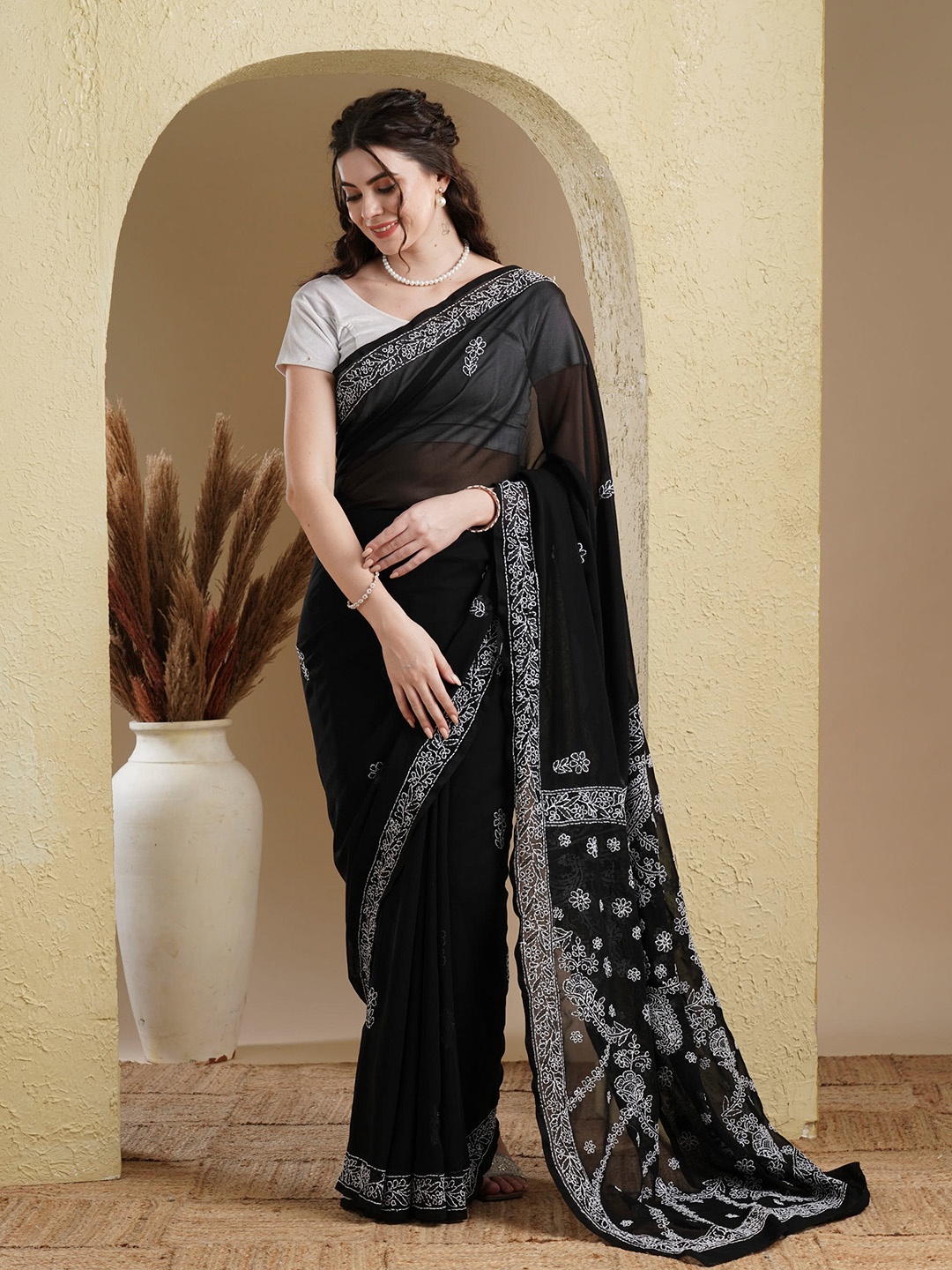 

ADA Black & White Poly Georgette Chikankari Work Embroidered Saree