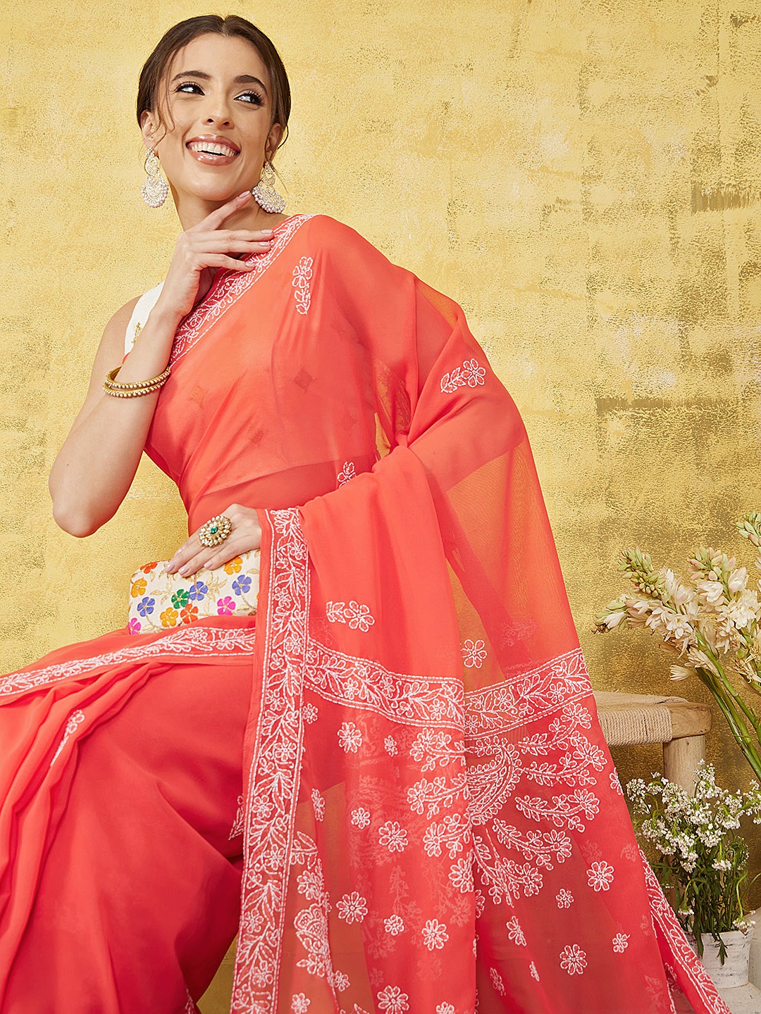 

ADA Coral & White Poly Georgette Chikankari Work Embroidered Sustainable Handloom Saree