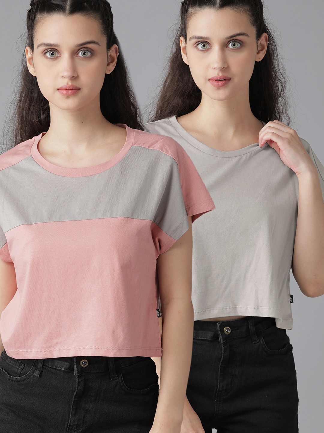 

Roadster Women Pack of 2 Round Neck Crop Pure Cotton T-shirts, Grey