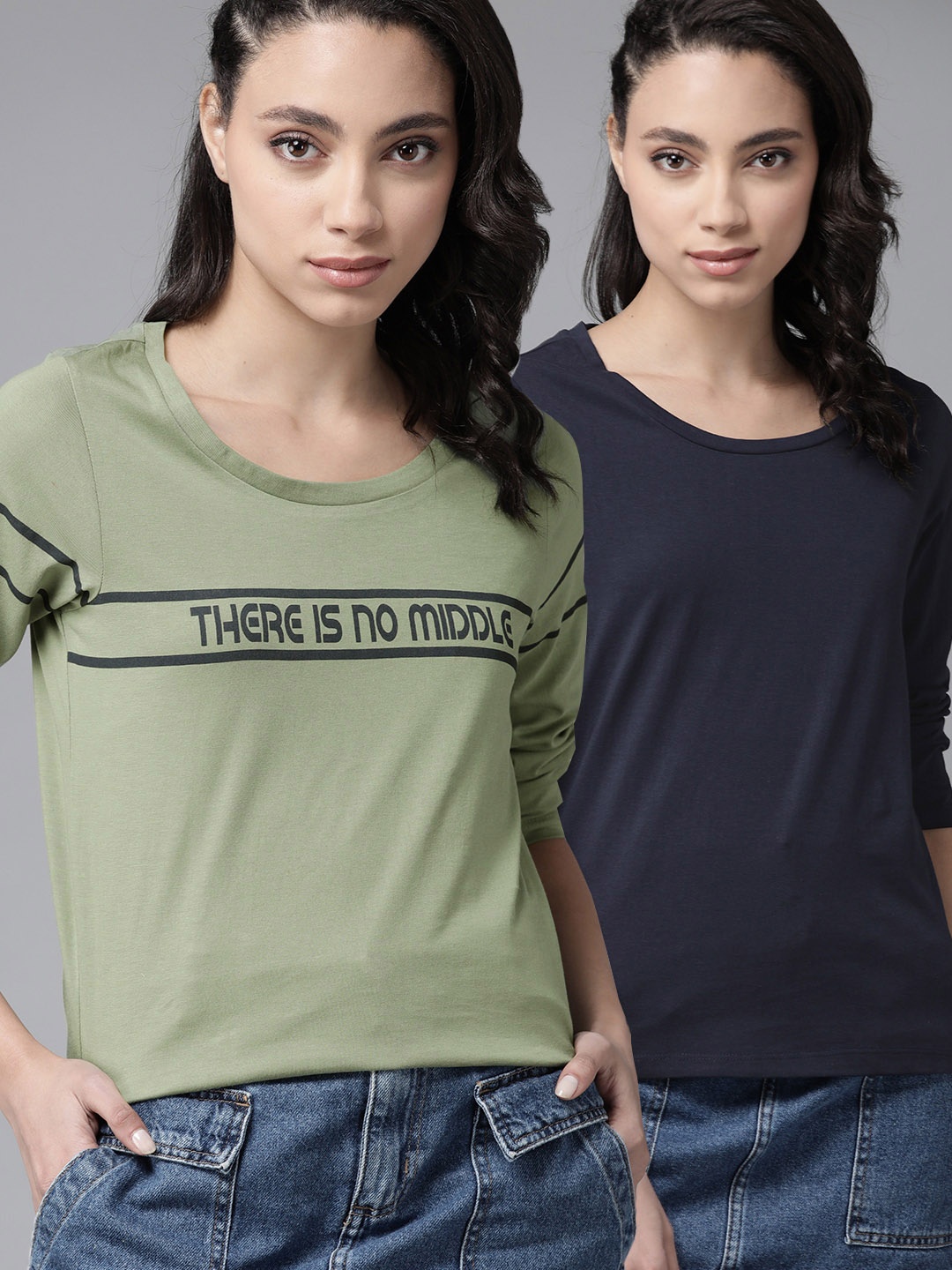 

Roadster Women Pack of 2 Round Neck Pure Cotton T-shirts, Navy blue