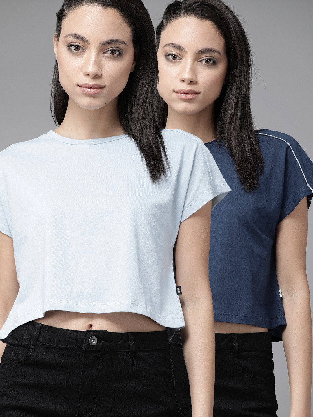 

Roadster Women Pack of 2 Solid Round Neck Boxy Pure Cotton T-shirts, Blue
