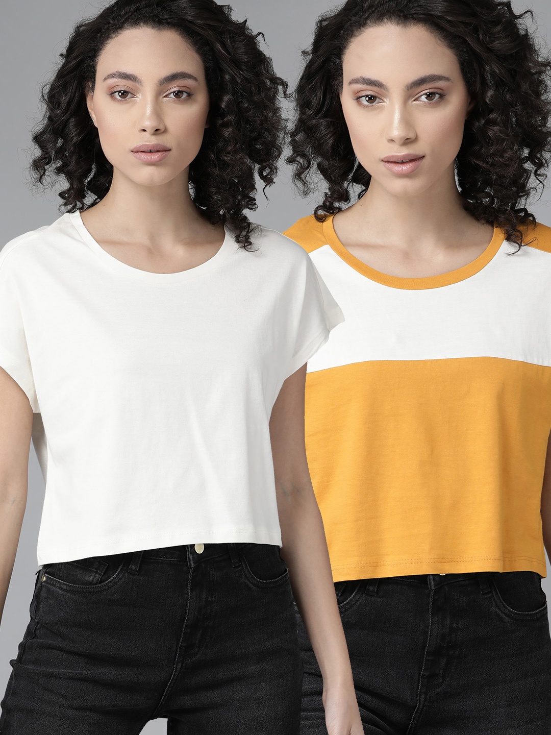 

Roadster Women Pack of 2 Round Neck Pure Cotton T-shirts, Off white
