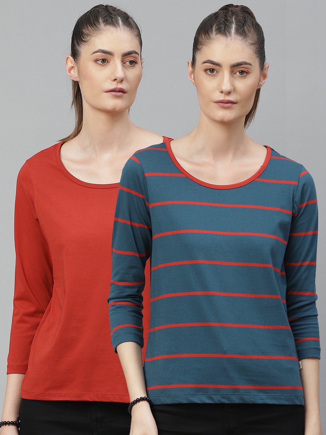 

Roadster Women Pack Of 2 Round Neck Pure Cotton T-shirt, Red