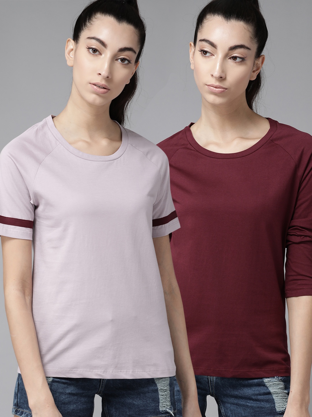 

Roadster Women Pack of 2 Pure Cotton Solid Round Neck Pure Cotton T-shirt, Lavender