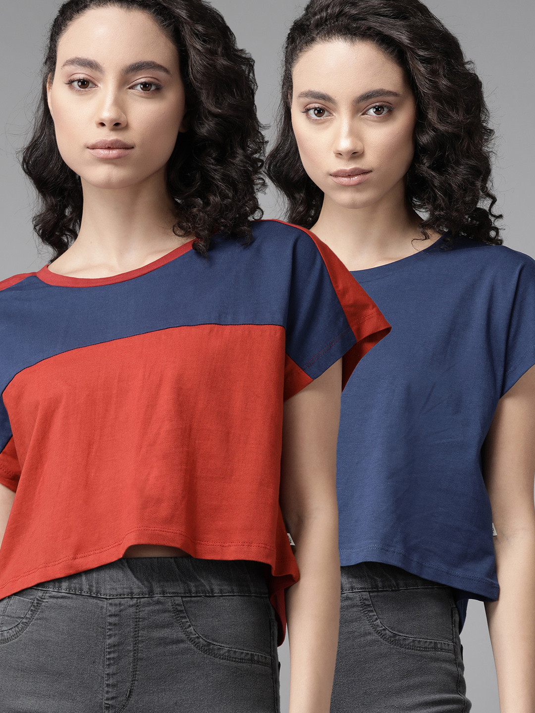 

Roadster Women Pack of 2 Round Neck Crop Pure Cotton T-shirt, Navy blue