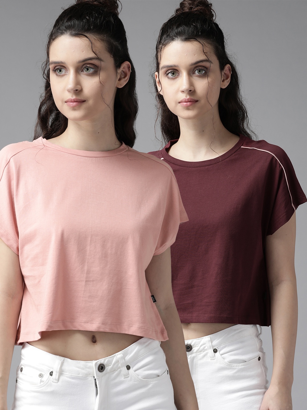 

Roadster Women Pack of 2 Solid Round Neck Cropped Pure Cotton T-shirts, Maroon