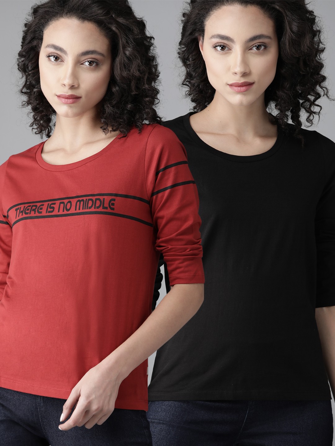 

Roadster Women Black Red Pack of 2 Pure Cotton T-shirts