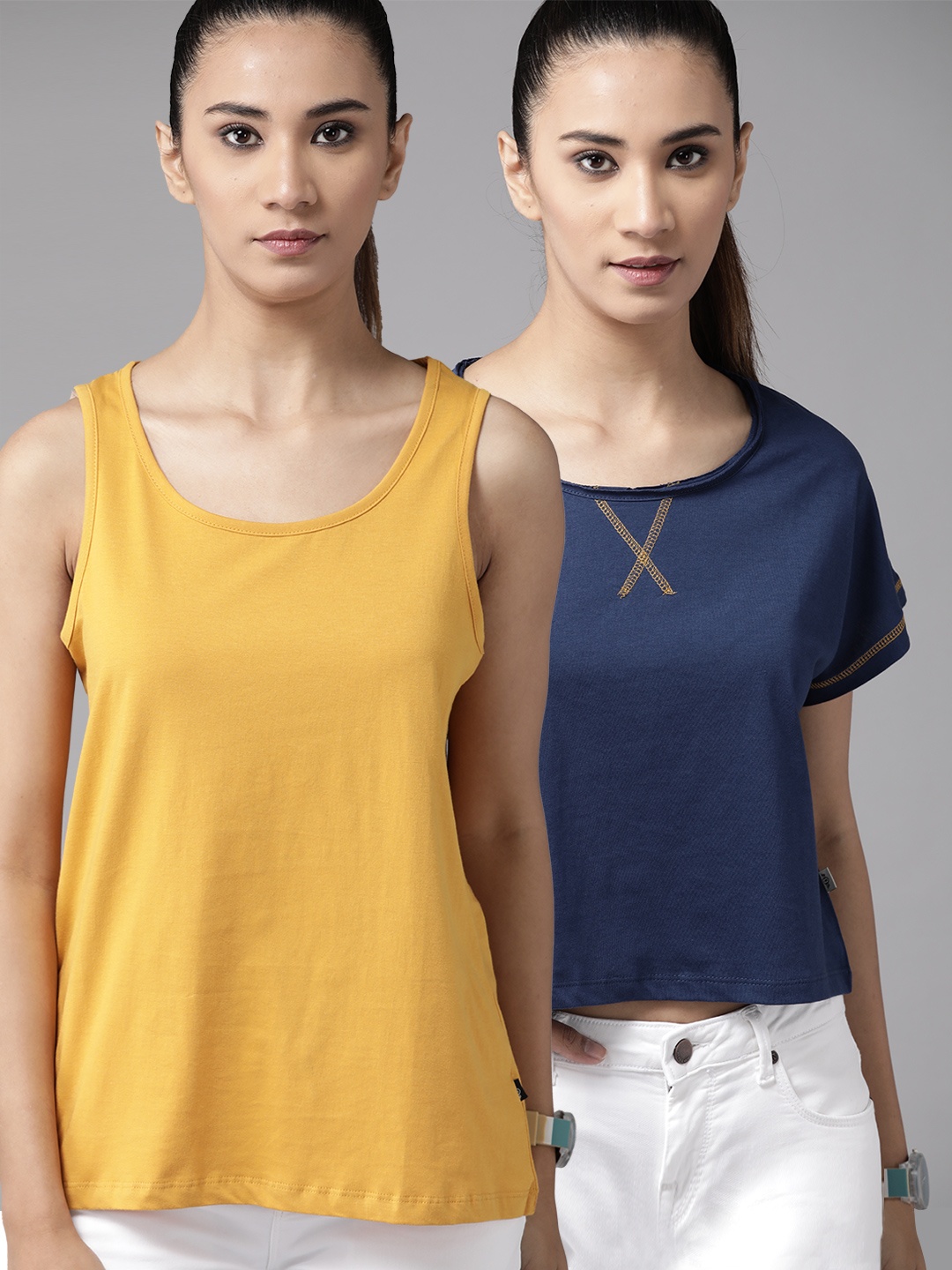 

Roadster Women Solid Pack Of 2 Pure Cotton T-shirts, Navy blue